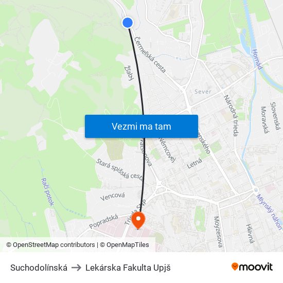 Suchodolínská to Lekárska Fakulta Upjš map