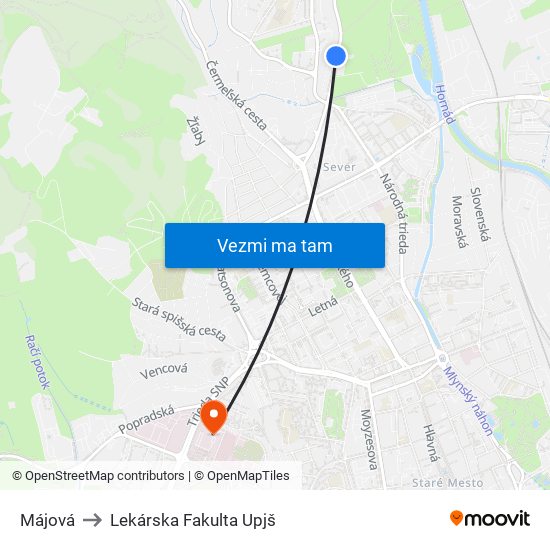 Májová to Lekárska Fakulta Upjš map