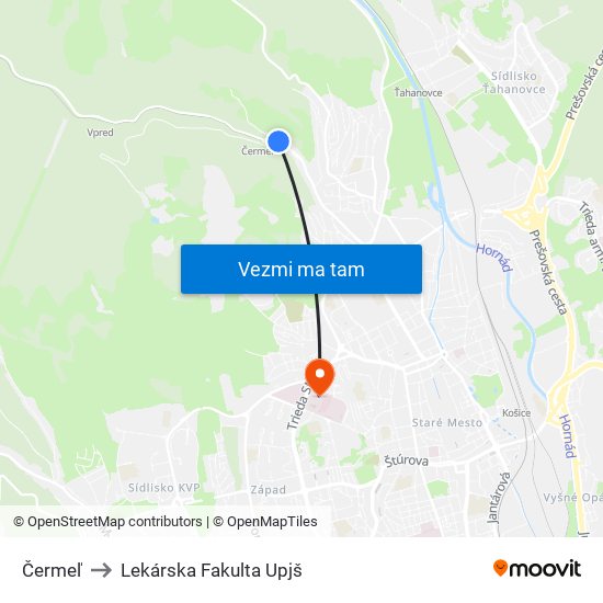 Čermeľ to Lekárska Fakulta Upjš map