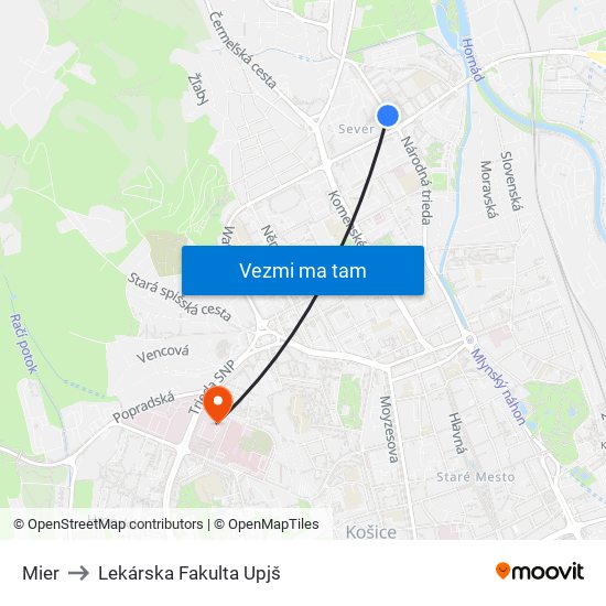 Mier to Lekárska Fakulta Upjš map