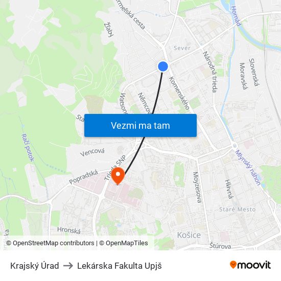 Krajský Úrad to Lekárska Fakulta Upjš map