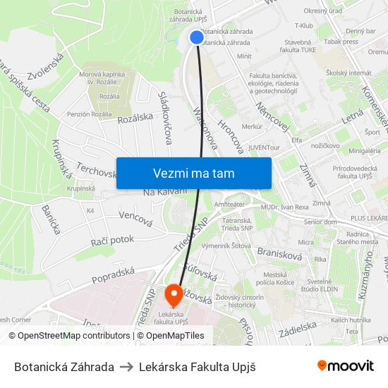 Botanická Záhrada to Lekárska Fakulta Upjš map