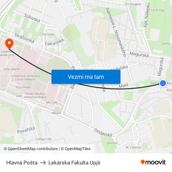 Hlavná Pošta to Lekárska Fakulta Upjš map