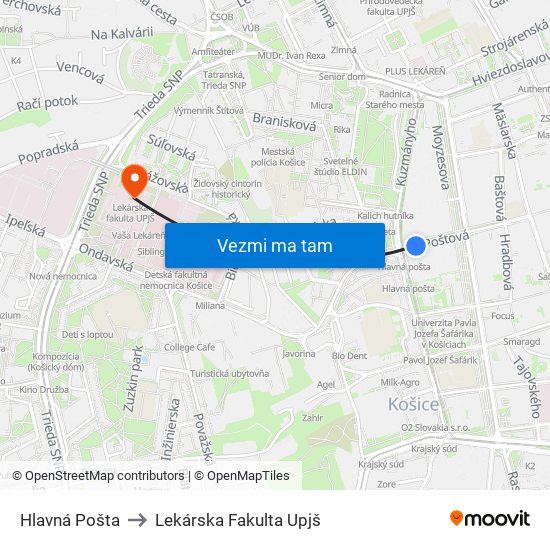 Hlavná Pošta to Lekárska Fakulta Upjš map