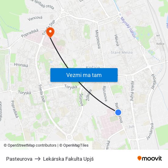 Pasteurova to Lekárska Fakulta Upjš map