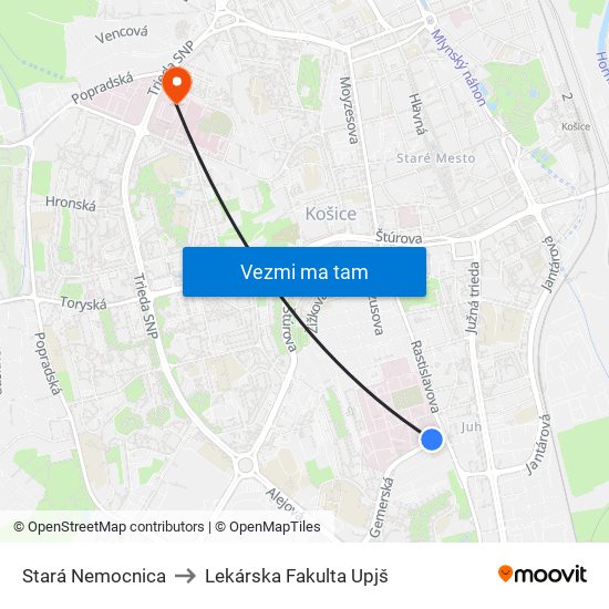 Stará Nemocnica to Lekárska Fakulta Upjš map