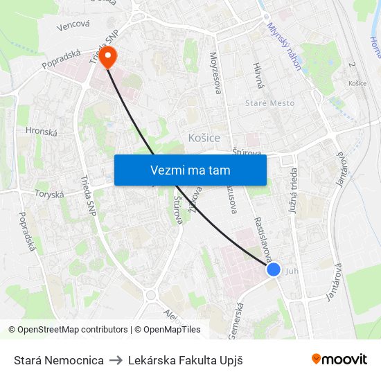 Stará Nemocnica to Lekárska Fakulta Upjš map