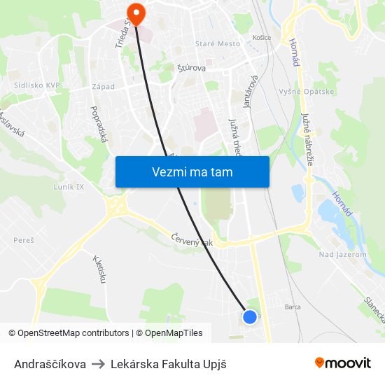 Andraščíkova to Lekárska Fakulta Upjš map