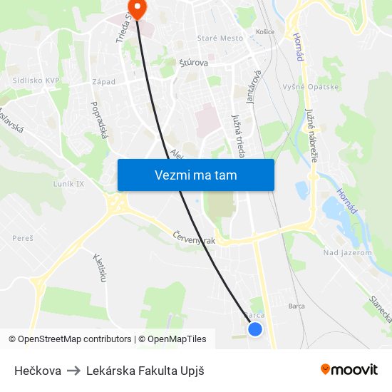 Hečkova to Lekárska Fakulta Upjš map