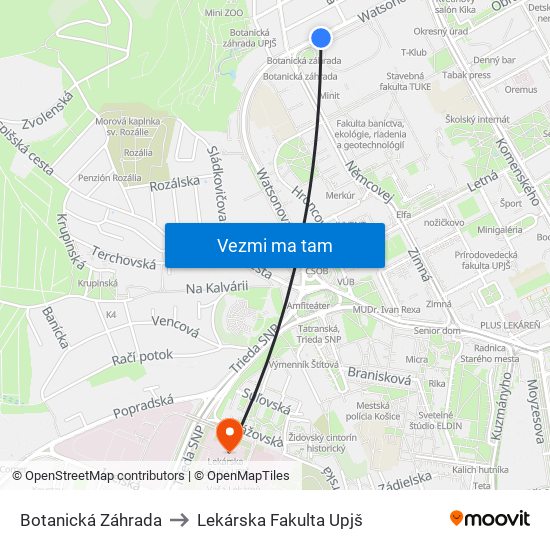 Botanická Záhrada to Lekárska Fakulta Upjš map