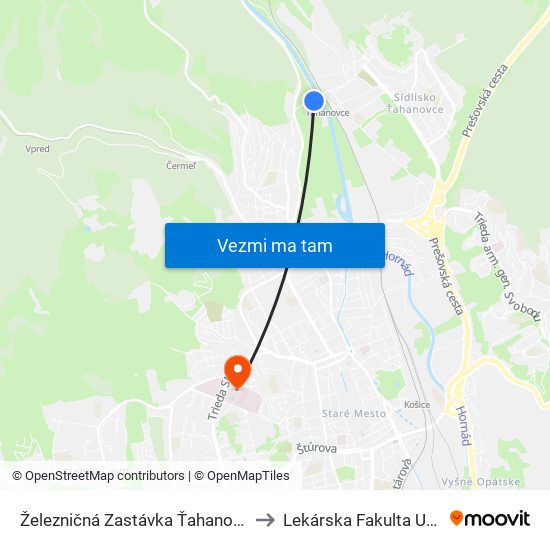 Železničná Zastávka Ťahanovce to Lekárska Fakulta Upjš map