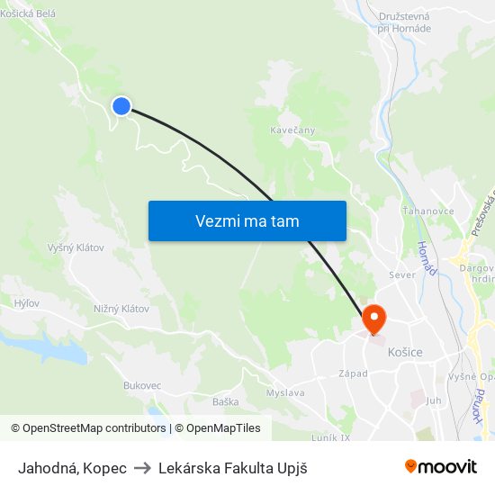 Jahodná, Kopec to Lekárska Fakulta Upjš map