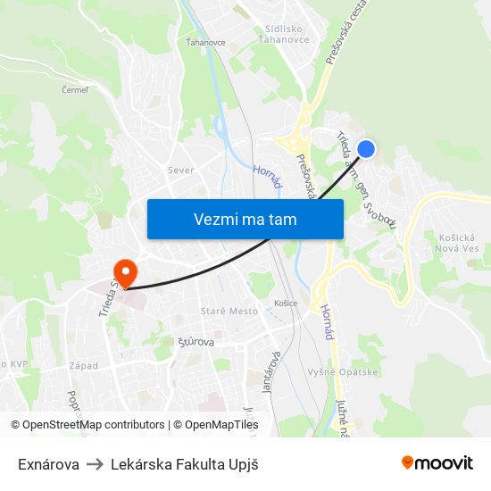 Exnárova to Lekárska Fakulta Upjš map