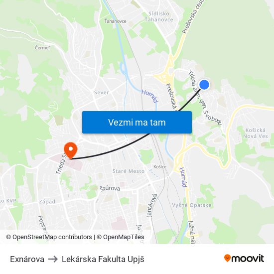 Exnárova to Lekárska Fakulta Upjš map