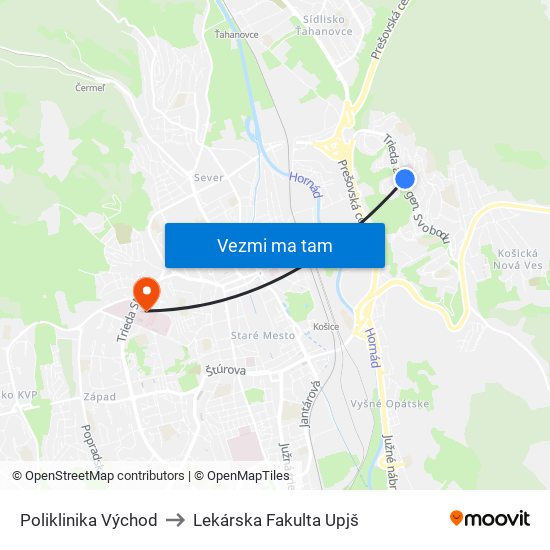 Poliklinika Východ to Lekárska Fakulta Upjš map