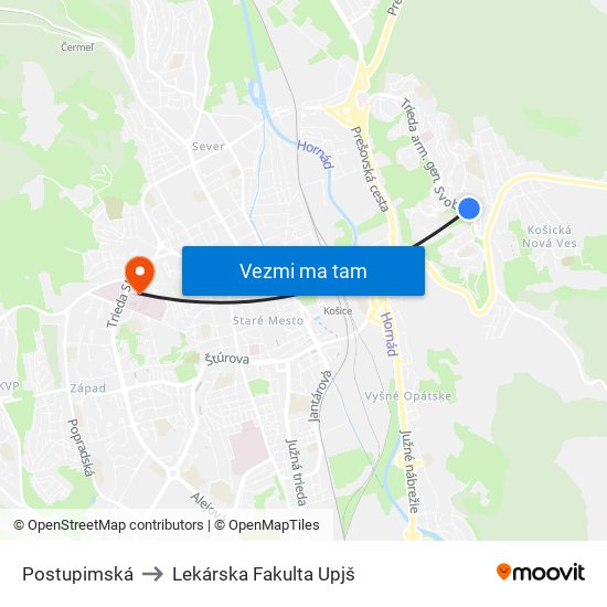 Postupimská to Lekárska Fakulta Upjš map