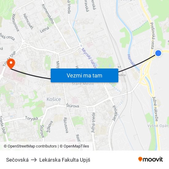 Sečovská to Lekárska Fakulta Upjš map