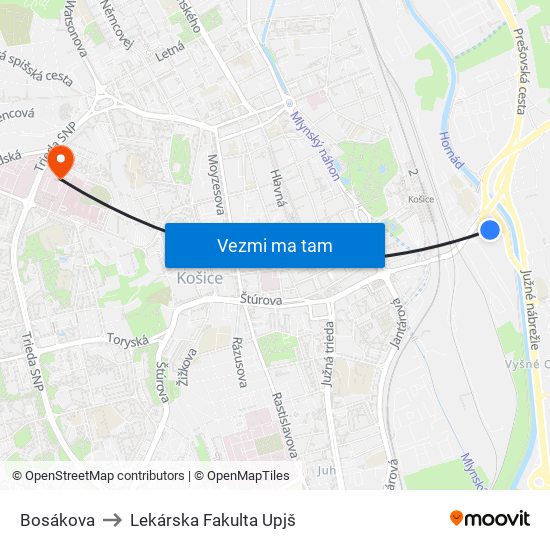 Bosákova to Lekárska Fakulta Upjš map