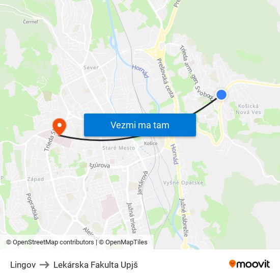 Lingov to Lekárska Fakulta Upjš map