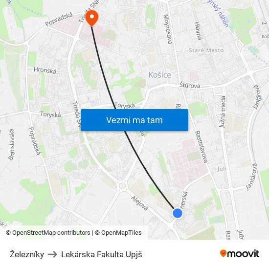 Železníky to Lekárska Fakulta Upjš map