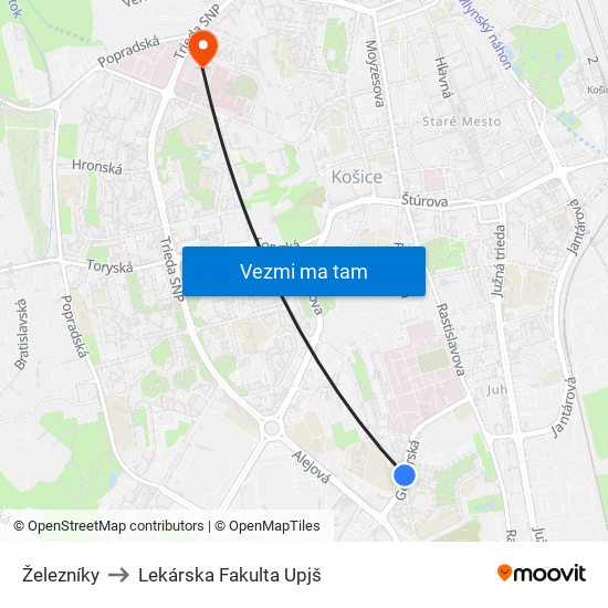 Železníky to Lekárska Fakulta Upjš map