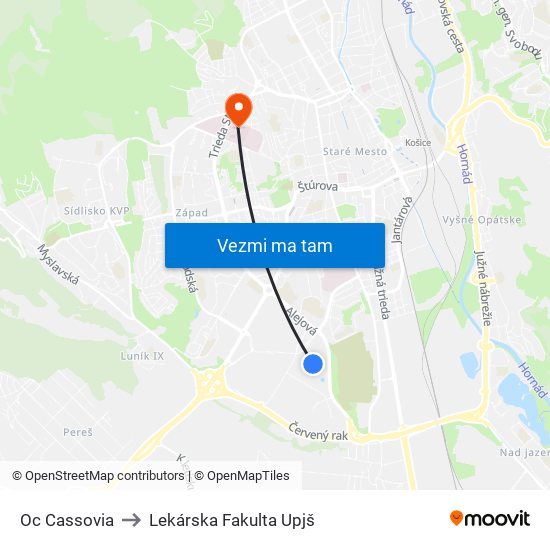 Oc Cassovia to Lekárska Fakulta Upjš map