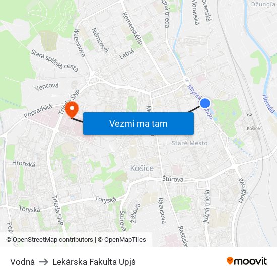 Vodná to Lekárska Fakulta Upjš map