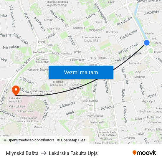 Mlynská Bašta to Lekárska Fakulta Upjš map