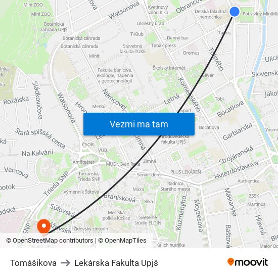 Tomášikova to Lekárska Fakulta Upjš map