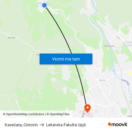 Kavečany, Cintorín to Lekárska Fakulta Upjš map