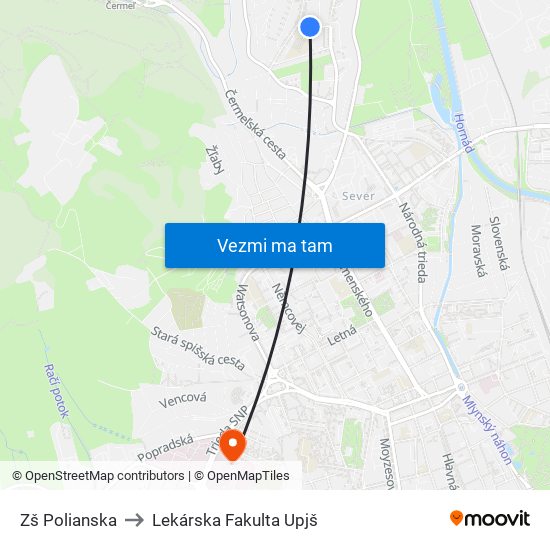 Zš Polianska to Lekárska Fakulta Upjš map