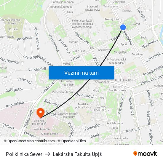 Poliklinika Sever to Lekárska Fakulta Upjš map