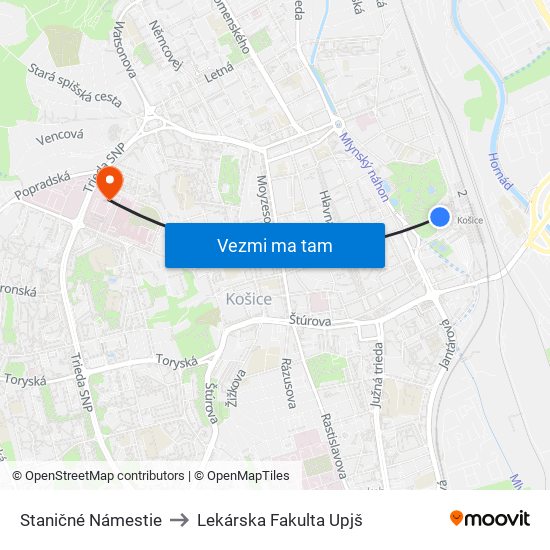 Staničné Námestie to Lekárska Fakulta Upjš map