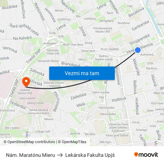 Nám. Maratónu Mieru to Lekárska Fakulta Upjš map