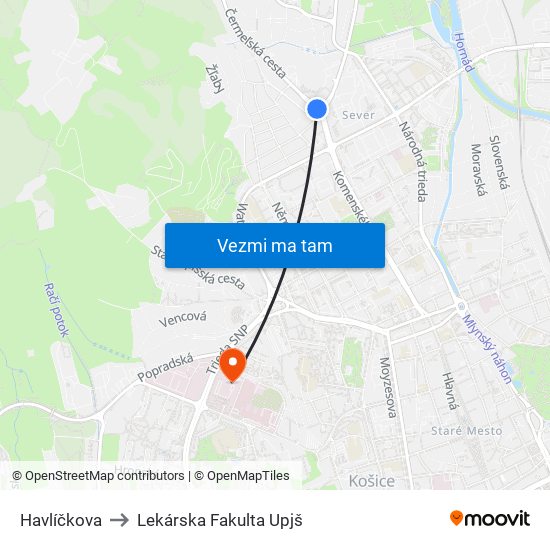 Havlíčkova to Lekárska Fakulta Upjš map