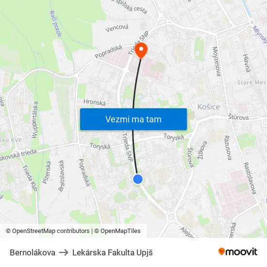 Bernolákova to Lekárska Fakulta Upjš map