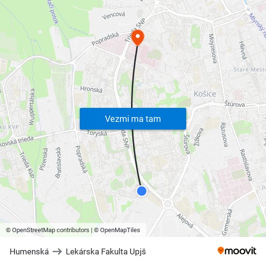 Humenská to Lekárska Fakulta Upjš map