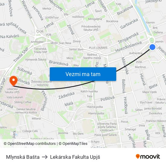 Mlynská Bašta to Lekárska Fakulta Upjš map