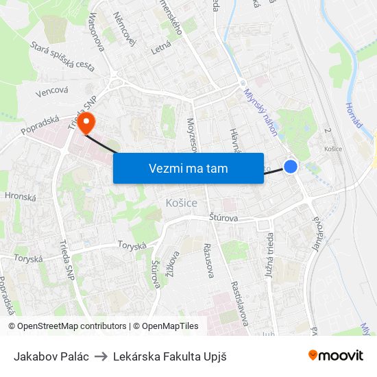 Jakabov Palác to Lekárska Fakulta Upjš map