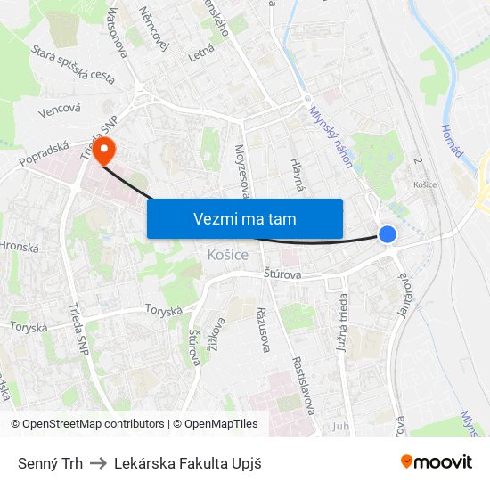 Senný Trh to Lekárska Fakulta Upjš map