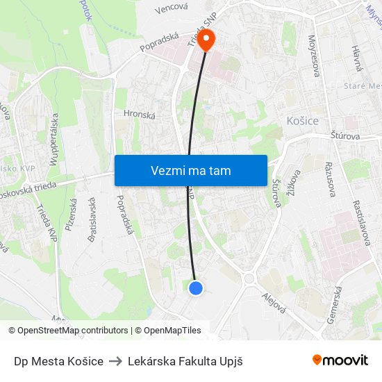 Dp Mesta Košice to Lekárska Fakulta Upjš map