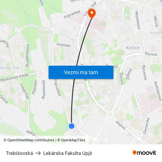 Trebišovská to Lekárska Fakulta Upjš map