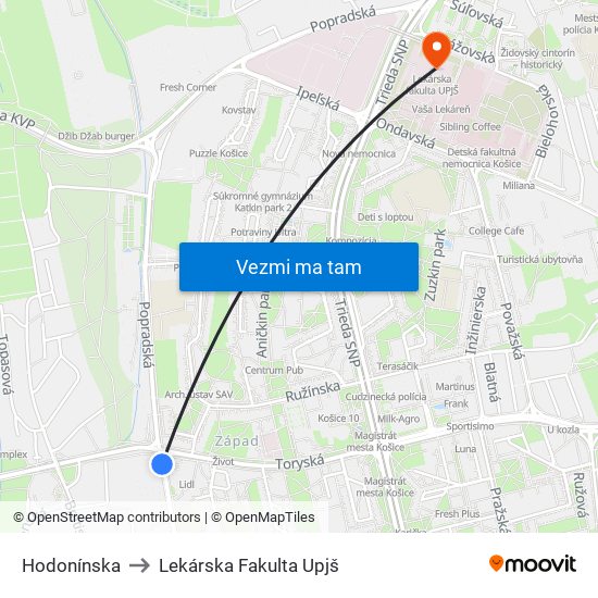 Hodonínska to Lekárska Fakulta Upjš map