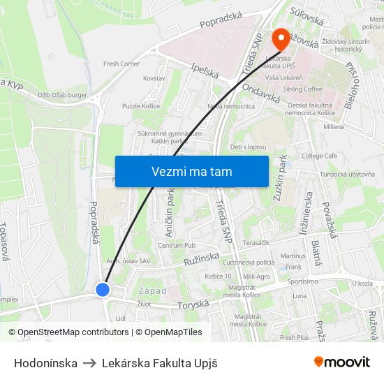 Hodonínska to Lekárska Fakulta Upjš map