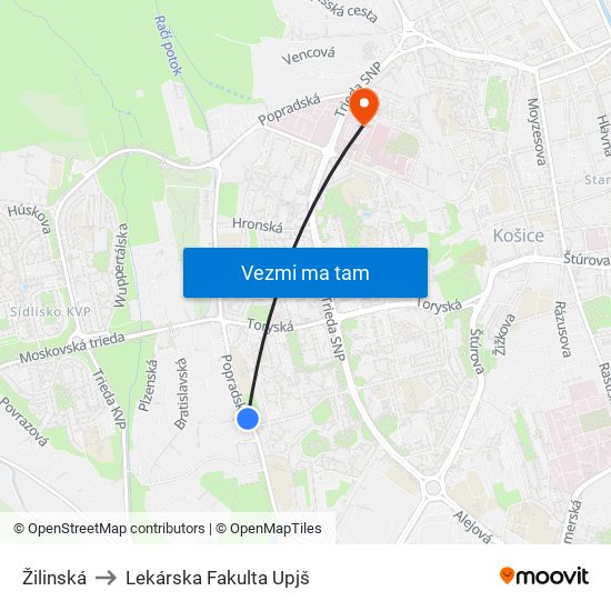 Žilinská to Lekárska Fakulta Upjš map