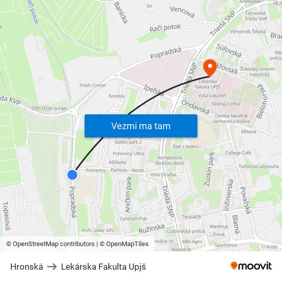 Hronská to Lekárska Fakulta Upjš map