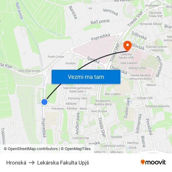 Hronská to Lekárska Fakulta Upjš map