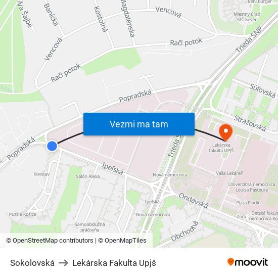 Sokolovská to Lekárska Fakulta Upjš map