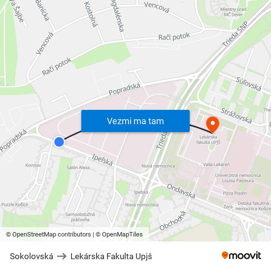 Sokolovská to Lekárska Fakulta Upjš map