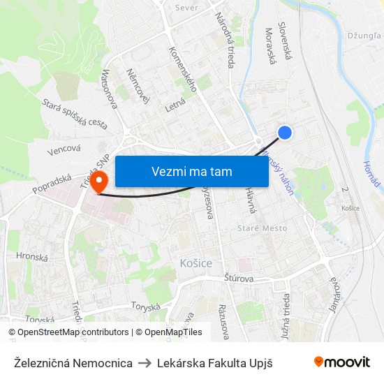 Železničná Nemocnica to Lekárska Fakulta Upjš map